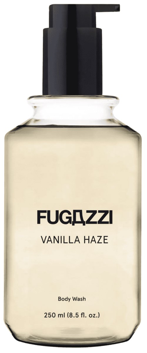 Klare Body Wash Flasche mit schwarzem Pumpkopf, beschriftet 'FUGAZZI VANILLA HAZE'.