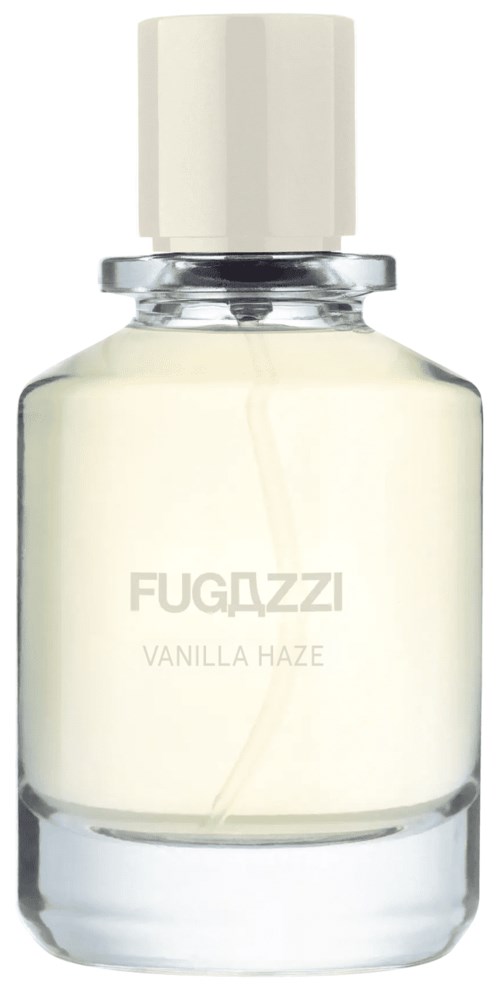 Ein Parfümflasche mit der Aufschrift "FUGAZZI VANILLA HAZE" mit weißem Deckel und durchsichtigem Glas.