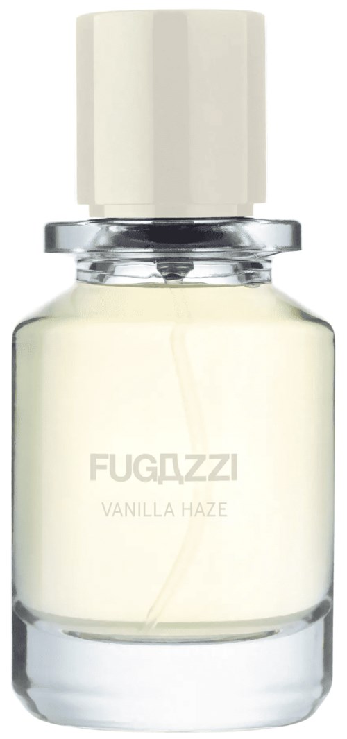 Eine kleine, klare Glasflasche mit Aufschrift 'FUGAZZI VANILLA HAZE' und weißem Deckel, wahrscheinlich Parfüm oder Duft.