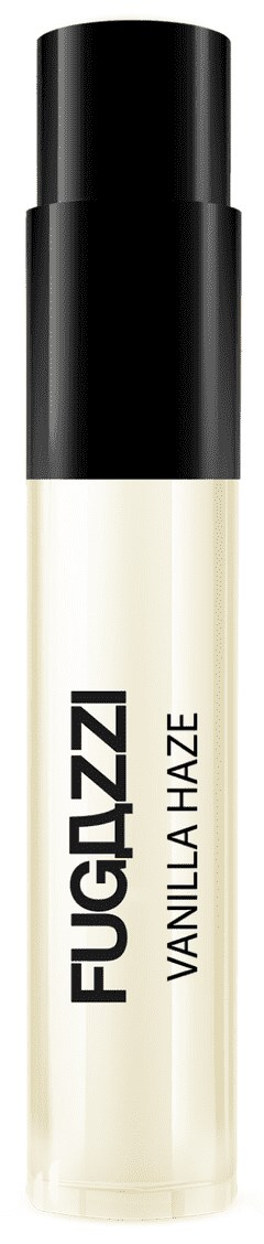 Eine weiße Sprühflasche mit schwarzem Deckel, beschriftet 'FUGAZZI VANILLA HAZE.'