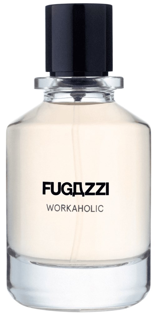 Eine klare Glasflasche mit schwarzen Deckel, etiketti 'FUGDZZI WORKAHOLIC,' enthält Parfüm oder Aftershave.