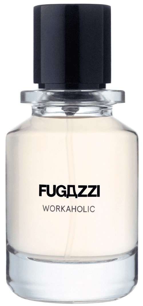 Eine Flasche mit schwarzem Deckel und klarem Glas, beschriftet "FUGAZZI WORKAHOLIC" in schwarzem Text.
