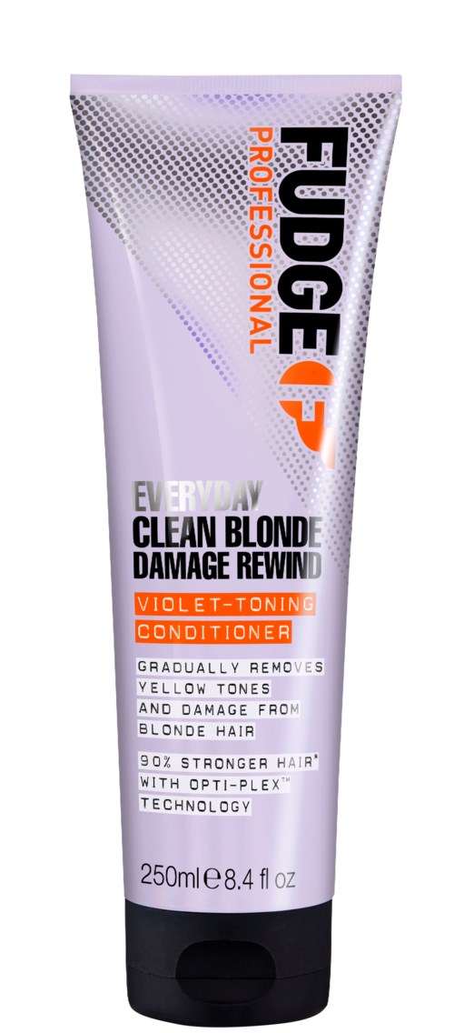 Een tube Fudge Professional blond toning conditioner voor beschadigd blond haar, 250ml verpakking, met paarse en witte kleur.