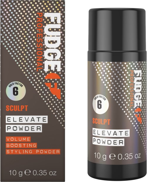 Klein flesje en verpakking voor Fudge professioneel haarpoeder, gemerkt als volume- en versterkend stylingpoeder, 10 gram.