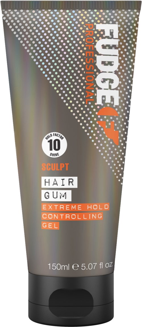 Tube haar gel met zwarte dop, grijze en oranje ontwerp en tekst over houdbaarheid en stijl.