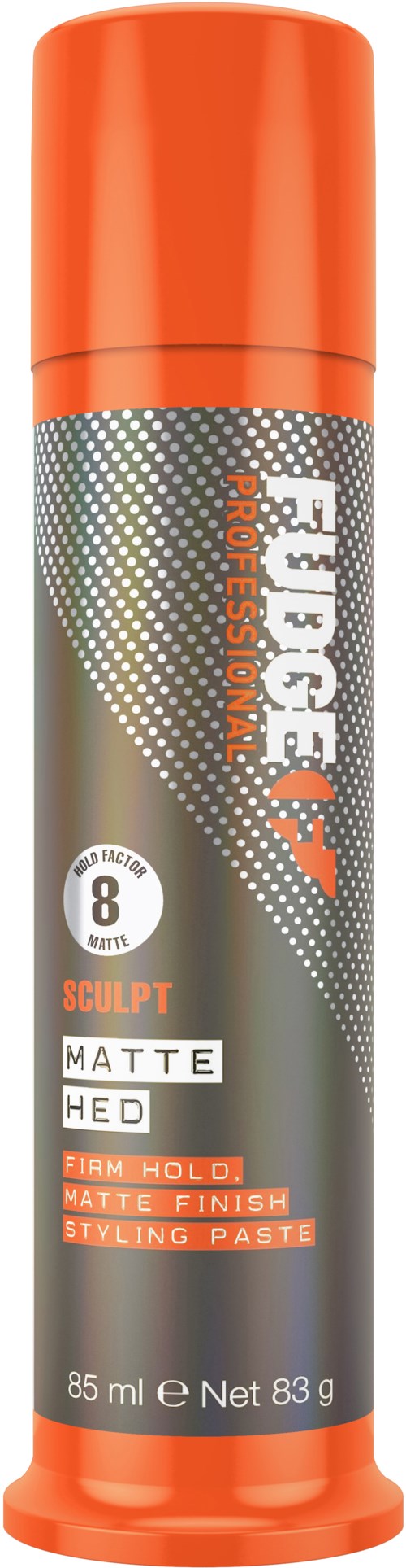 Een grijze en oranje container met haarstijlcrème en productinformatie.