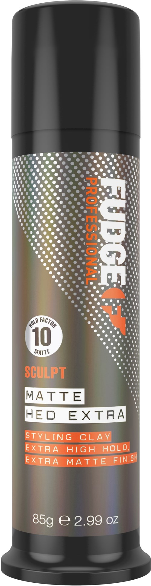 Ein schwarzer Zylindrischer Behälter mit Stylingklei, Matte Hed Extra, mit orange und weißem Text für Haarstyling auf dunklem Hintergrund.