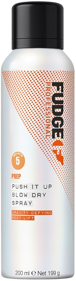 Een wit flesje met zwarte dop, labeled FUDGE+ professionele rootspray, met oranje en zwarte tekst, 200 ml.