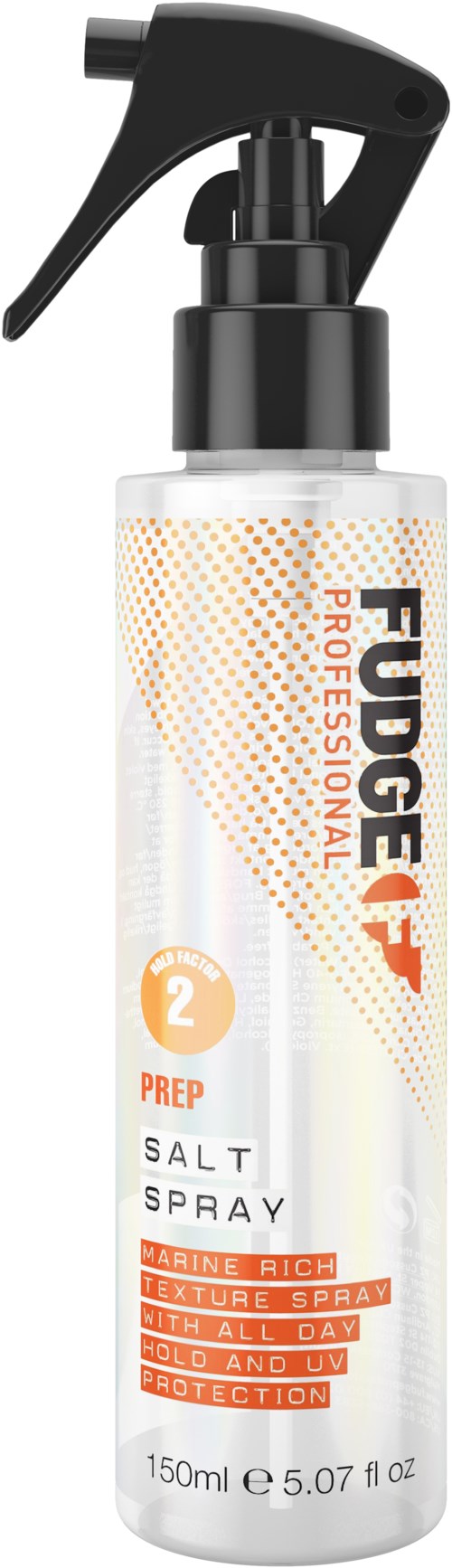 Een sprayfles met 'FUDGE PROFESSIONAL' label, zwarte spraykop, witte body en oranje tekst, beschrijft zoutspray voor haar.