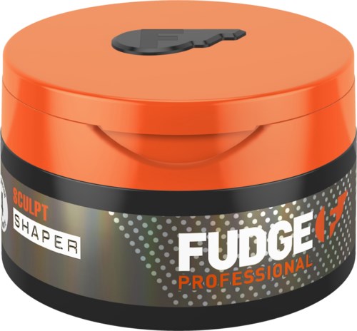 Een ronde oranje container met een zwarte deksel en de woorden "FUDGE" en "PROFESSIONAL" op het label.