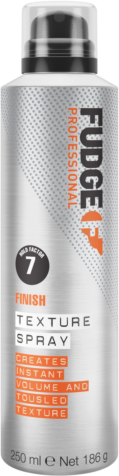 Een zilverkleurige bus FUGEFT Professionele textuurspray, gelabeld voor afwerking, creëert direct volume en een warrige textuur.