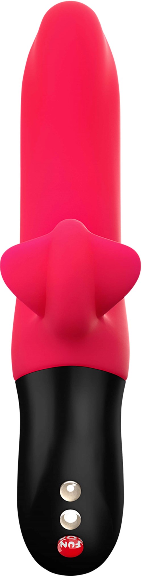 Ein pinker Vibrator mit einer cartoonartigen Gesichtsverzierung und schwarzem Griff, vor schwarzem Hintergrund.