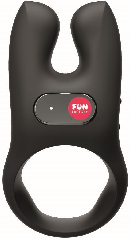 Ein schwarzes Gerät mit einem Loch an der Oberseite, einem roten und weißen Fun Factory-Logo, für den persönlichen Gebrauch.