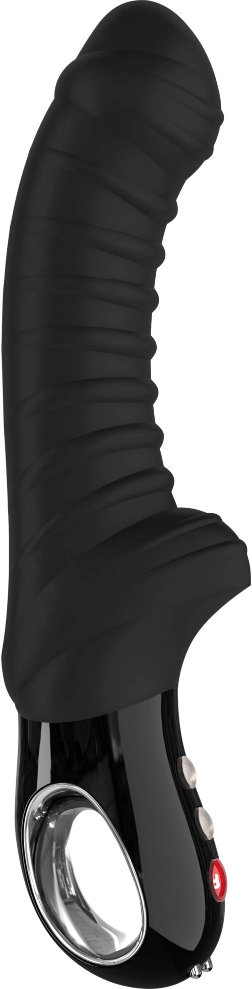 Ein schwarzes, gekrümmtes Gerät mit Knöpfen und einem Ringgriff, vermutlich ein Massage- oder Pflegeprodukt.