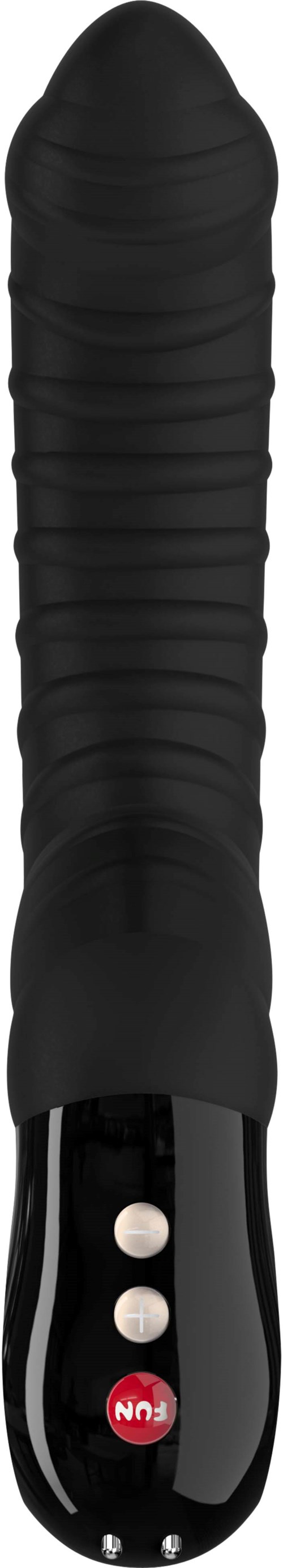 Ein schwarzer, strukturierter Vibrator mit Tasten am Griff zur Steuerung.