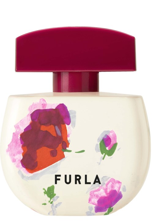 En parfyllflaska med röd kork, blommönster och ordet "FURLA" på.