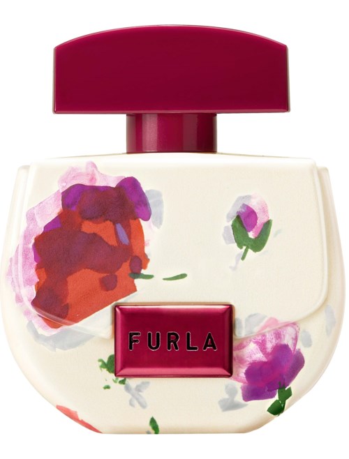 En doftflaska med blommor, rosa lock och Furla-etikett, dekorerad med akvarellliknande rosa och lila blommor.