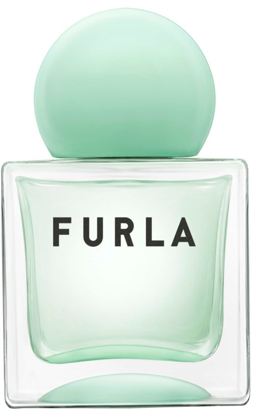 En ljusgrön parfymflaska med rund kork och ordet 'FURLA' på framsidan.