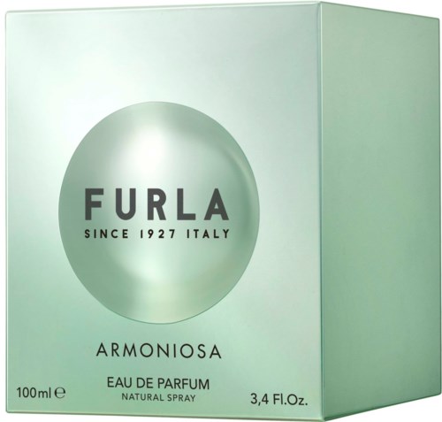Furla Armoniosa parfymkartong, ljusgrön färg, 100ml storlek, för kvinnor, naturlig spray, sedan 1927 Italien.