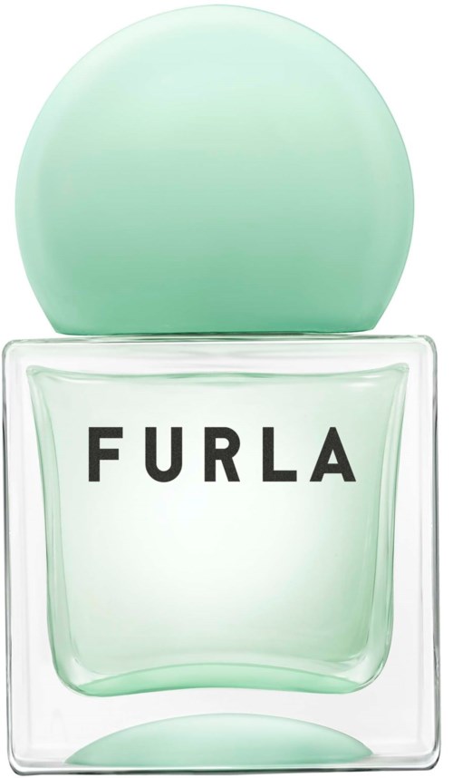 Furla-logga med en pastellgrön parfymflaska och rund lock.