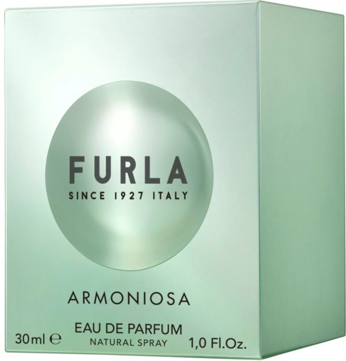 Furla Armoniosa parfymeribox med grönt färg och textdetaljer om doften.