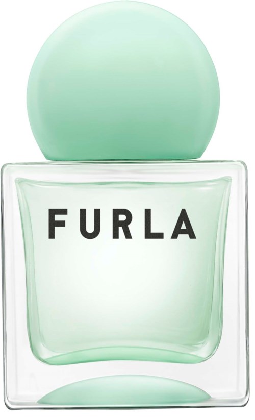 En ljusgrön parfymflaska med rund topp och märket Furla på framsidan.
