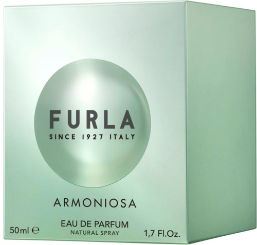 Det här är en parfyllåda märkt Furla Armoniosa, tillverkad i Italien, storlek 50 ml, med en ljusgrön färg.