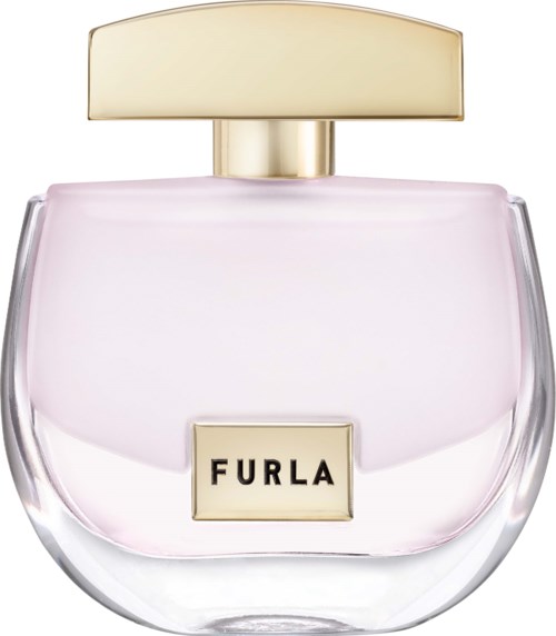 En parfymflaska med guldlock och ljusrosa vätska inuti, märkt 'FURLA' på framsidan.
