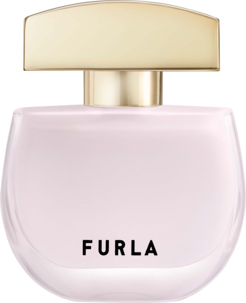 En vit parfymflaska med guldlock och svart text som säger "FURLA" på framsidan.