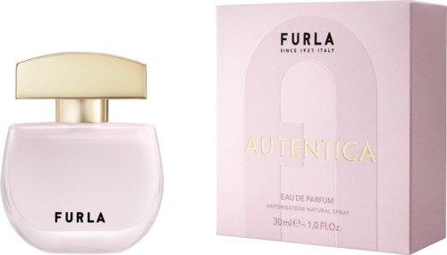 Furla parfymflaska och förpackning med varumärkesnamn och doftinformation. Ljusrosa flaska med beige kork.