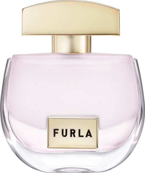 En parfyllflaska med ljus rosa vätska, guldkapsel och en etikett som säger 'FURLA.'