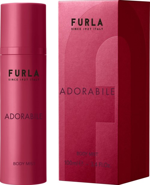Rosa kroppssprayflaska bredvid en matchande rosa box märkt 'Furla Adorabile'.
