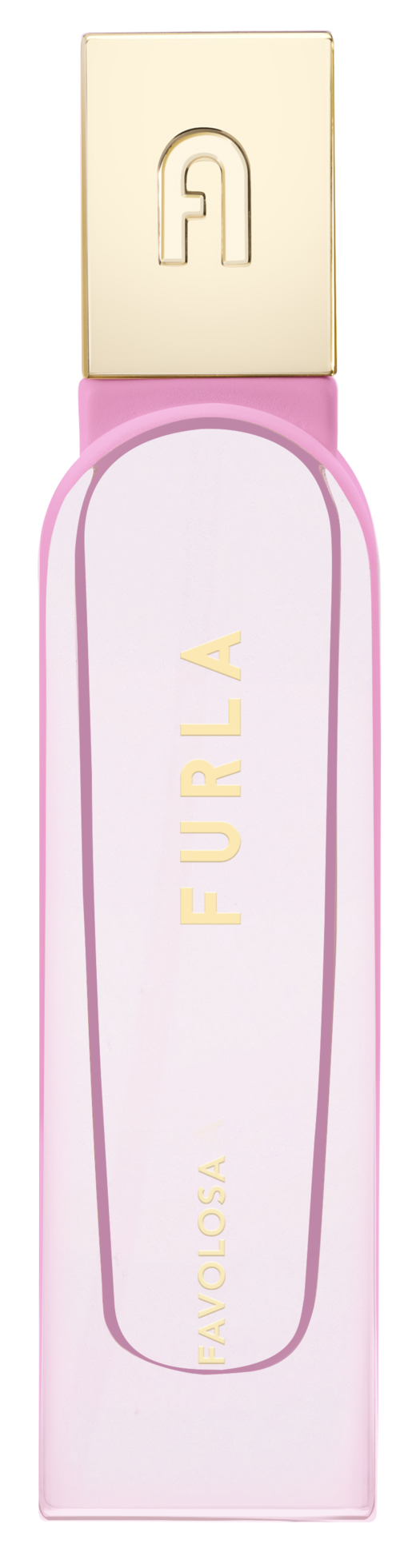 En rosa och vit flaska med guldock, märkt 'FURLA' och 'VIBRION' i guldtext.