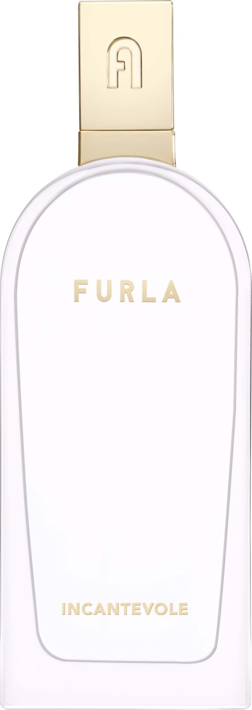 En vit parfymflaska med guldock och -bokstäver, märkt 'FURLA INCANTEVOLE'.