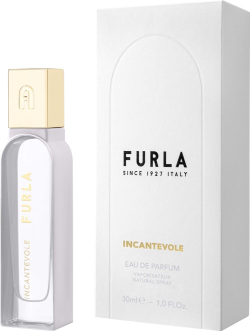 En parfyllflaska bredvid en vit box med svart och guldtext, som visar att det är Furla Incantevole Eau de Parfum.