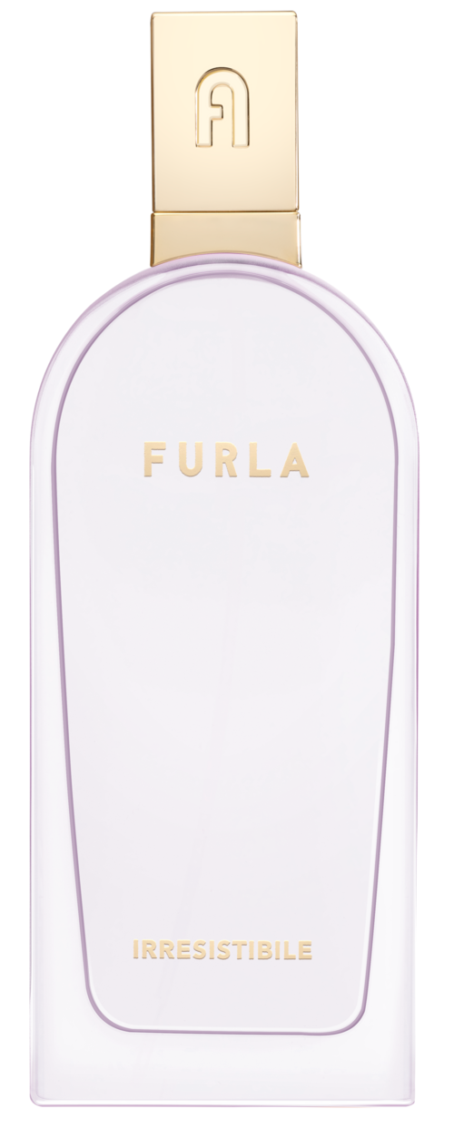 En vit parfymflaska med guldfärgad text 'FURLA' och 'IRRESISTIBILE' på, samt en beige topp med en logga.