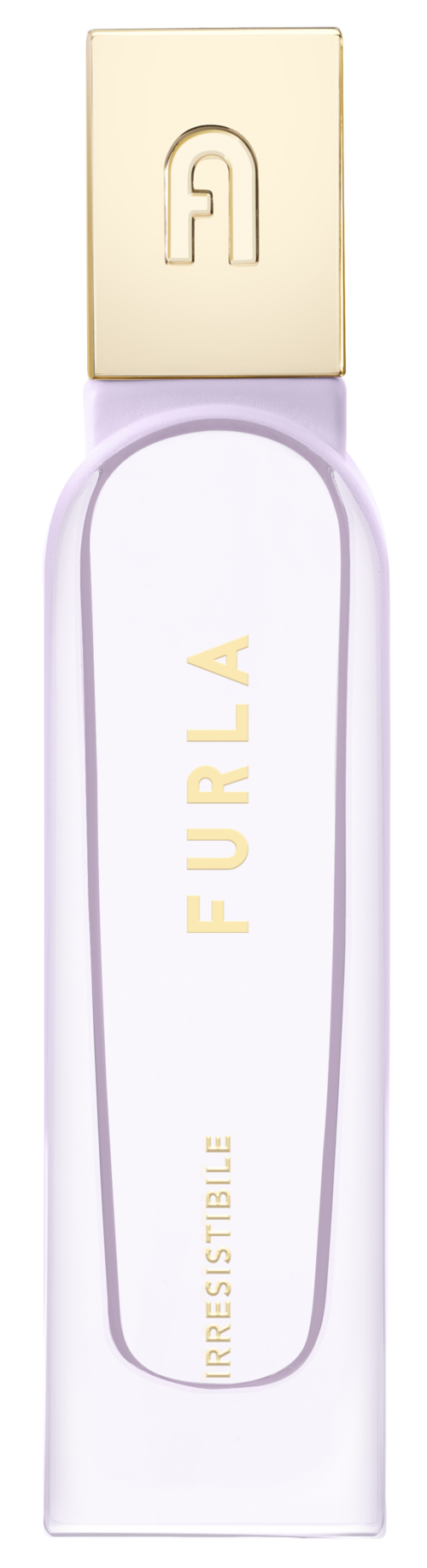 En vit parfymflaska med guldkapsel och gul text som säger "FURLA."
