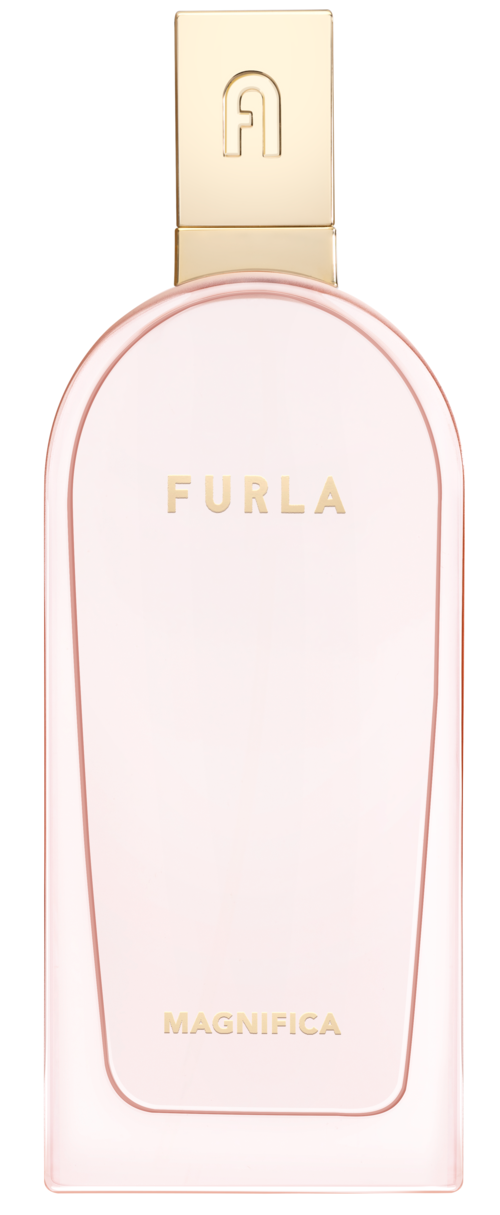 En vit parfymflaska med gulddetaljer, med titeln 'FURLA MAGNIFICA'.
