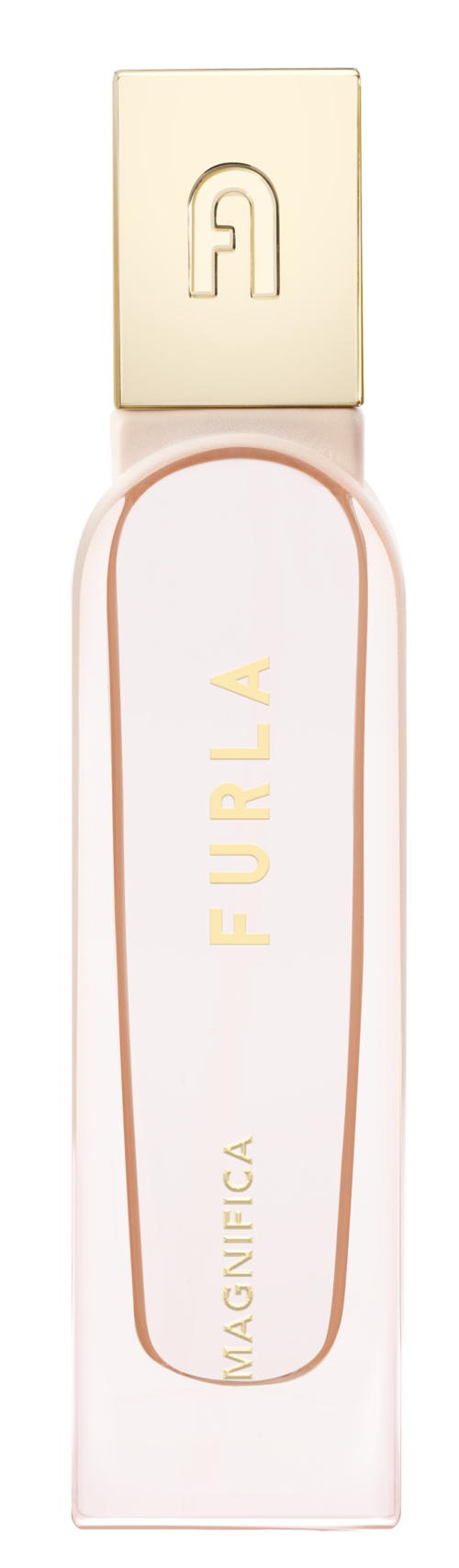 En parfymflaska med krämfärgat lock och tydligt rosa smal kropp märkt 'FURLA MAGNIFICA'.