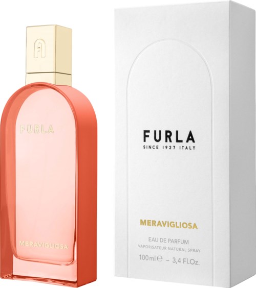 En parfyllflaska med rosa och orange design bredvid en vit box med svart och guld text.