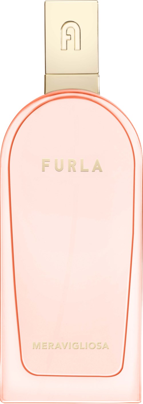 En rosa parfymlåda med guldkork, markerad 'FURLA' och 'MERAVIGLIOSA'.