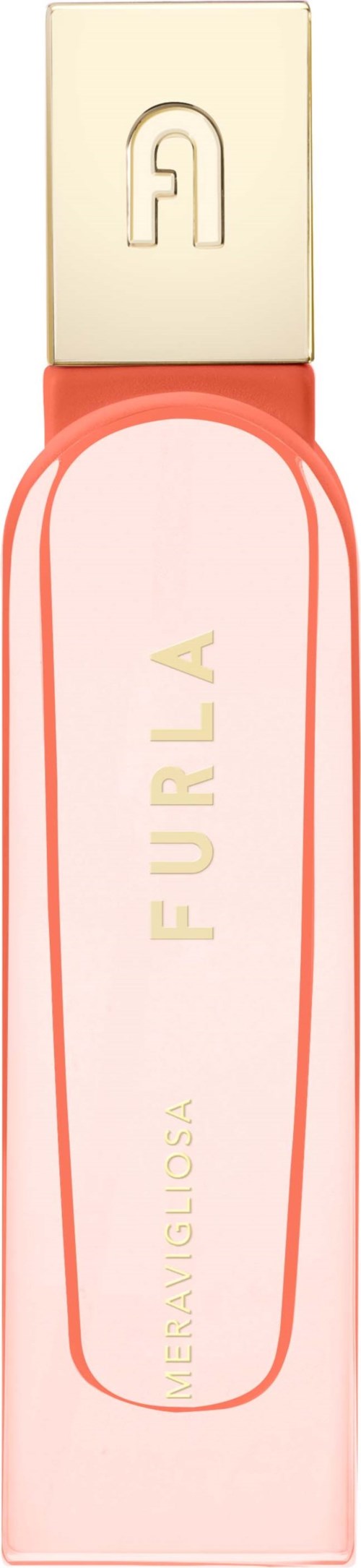 En rosa parfymflaska med guldlock och 'FURLA' skrivet på den.