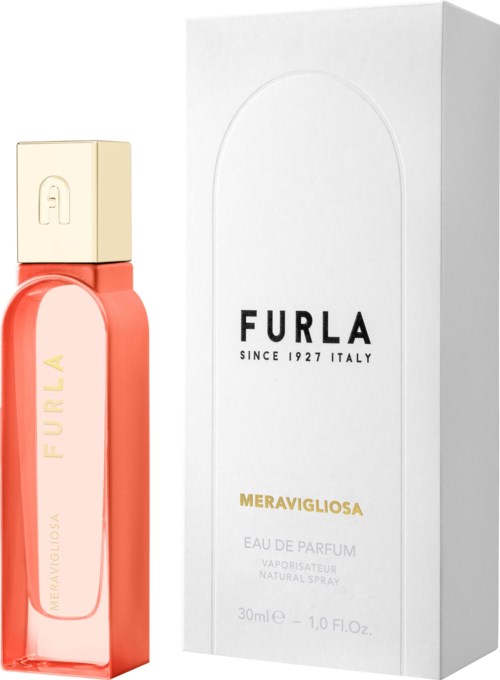 En rosa parfymflaska med beige kork och en vit ask märkt 'Furla' och 'Meravigliosa'.