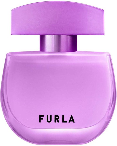 En lila parfymflaska med rund form och en cylindrisk kork, märkta "FURLA."
