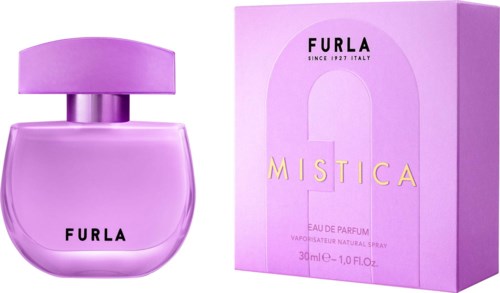 Lila parfymflaska och box märkt "Mystica" från Furla, Italien, med enkel design och guldtext.