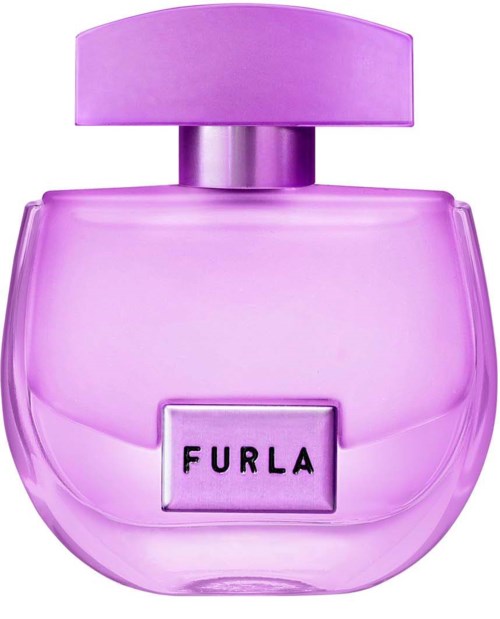 En rosa parfymflaska med stor runt lock och varumärket 'FURLA' på framsidan.
