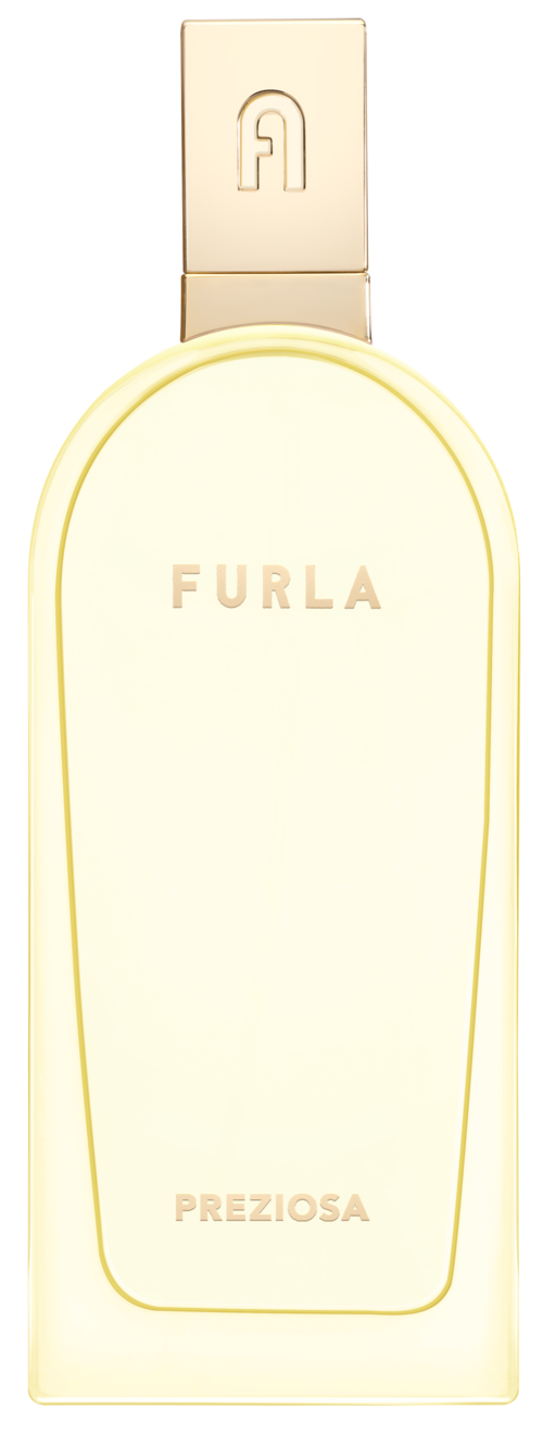 En vit parfymflaska med en beige kork, guldsaccenter och orden 'FURLA PREZIOSA'.