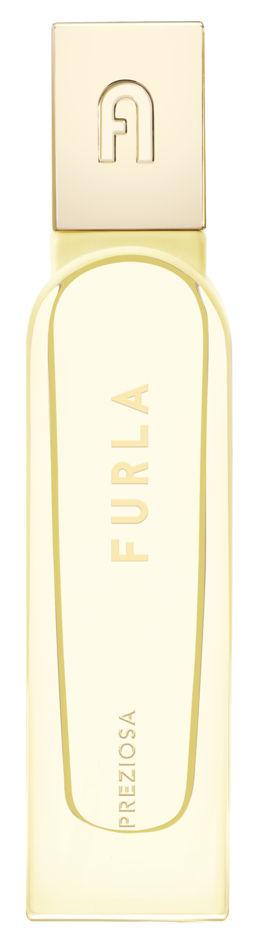En parfyllflaska i guld- och krämfärger, märkt "FURLA" och "PREZIOSA," med en guldig topp med FURLA-loggan.