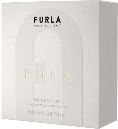 En vit förpackning visar Furla-loggan, med text om parfym och storlek, i enkel design med minimala färger.