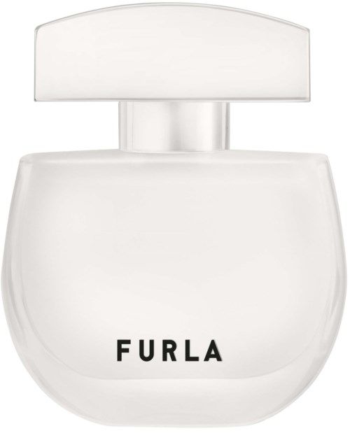 En vit parfyllflaska med rund form och en bred, platt cap. Märket 'FURLA' står på den.
